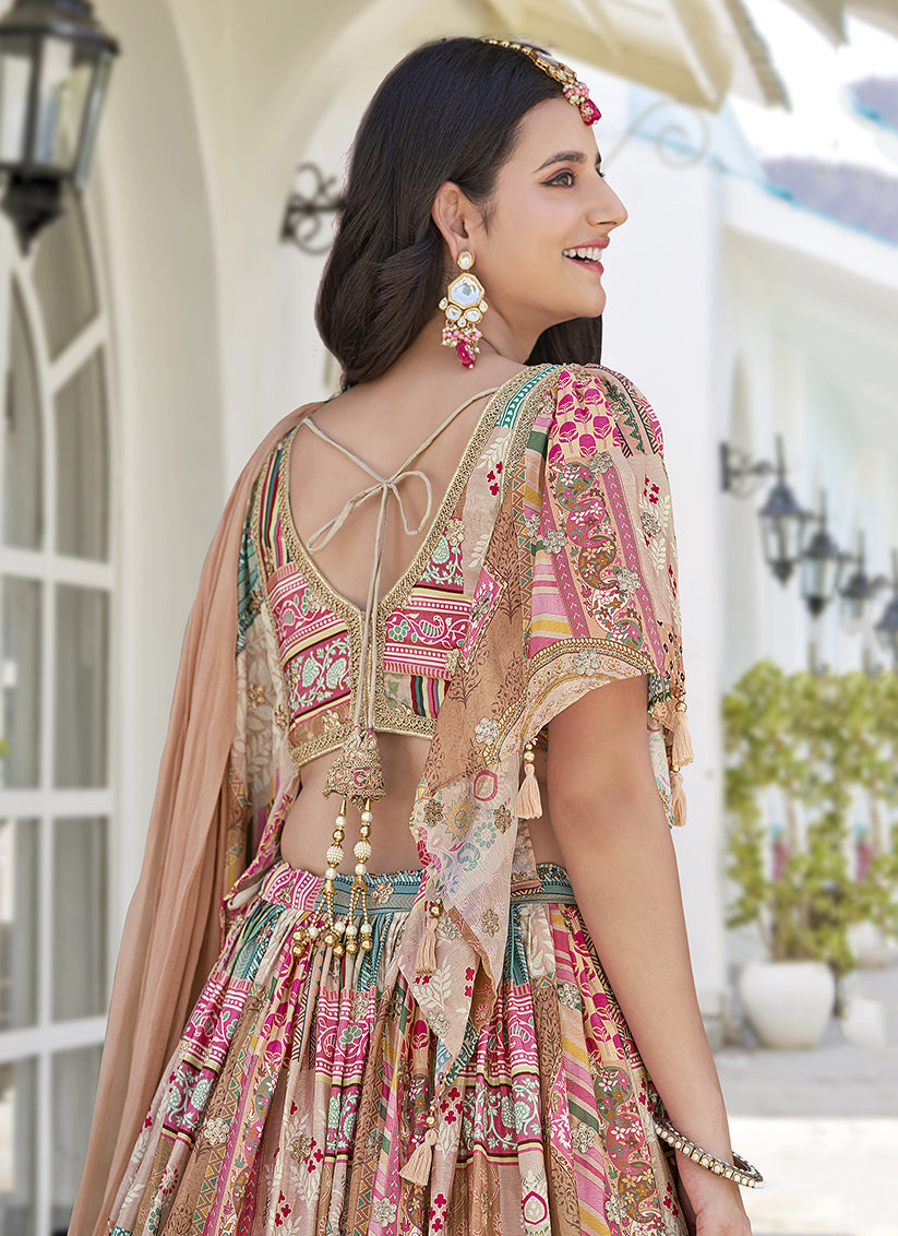 Beige Embroidered Chinnon Silk Lehenga Choli Set for Festival