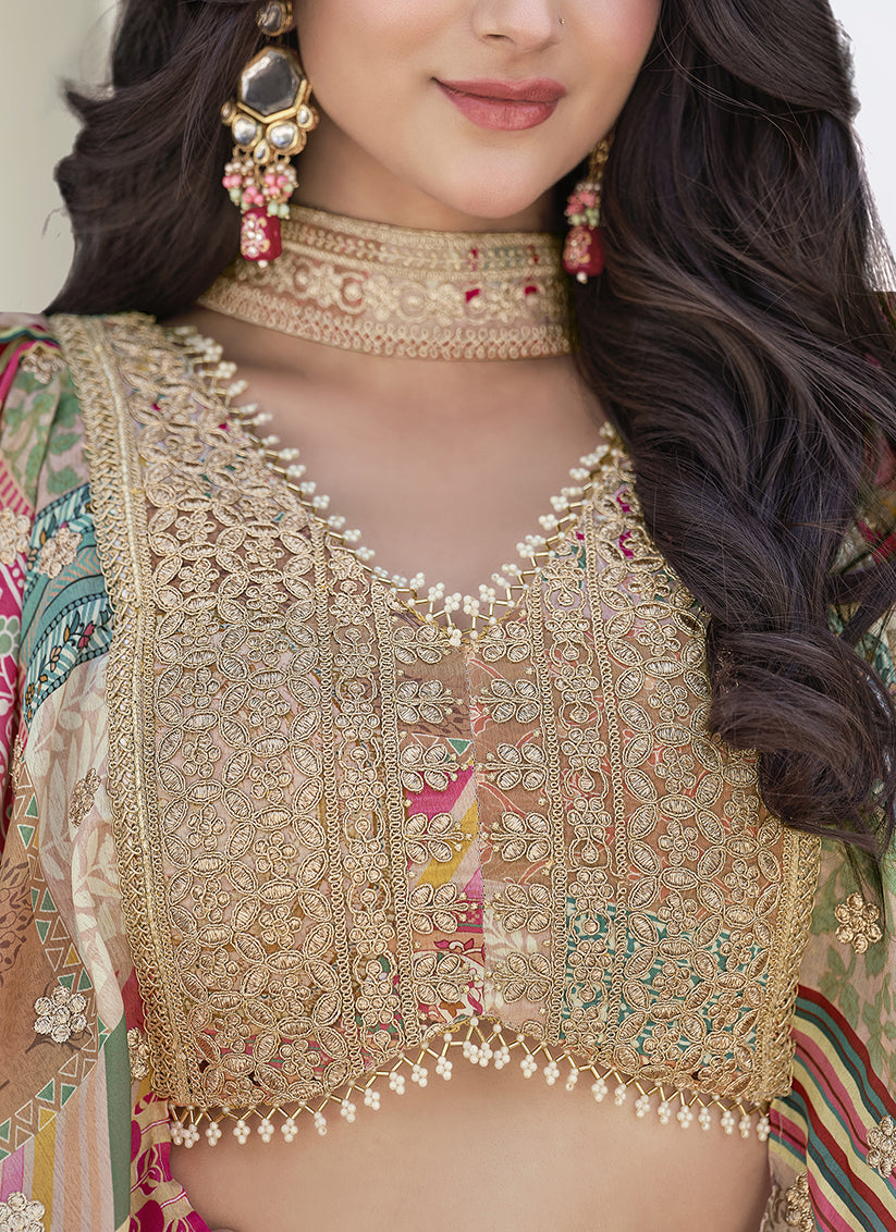 Beige Embroidered Chinnon Silk Lehenga Choli Set for Festival