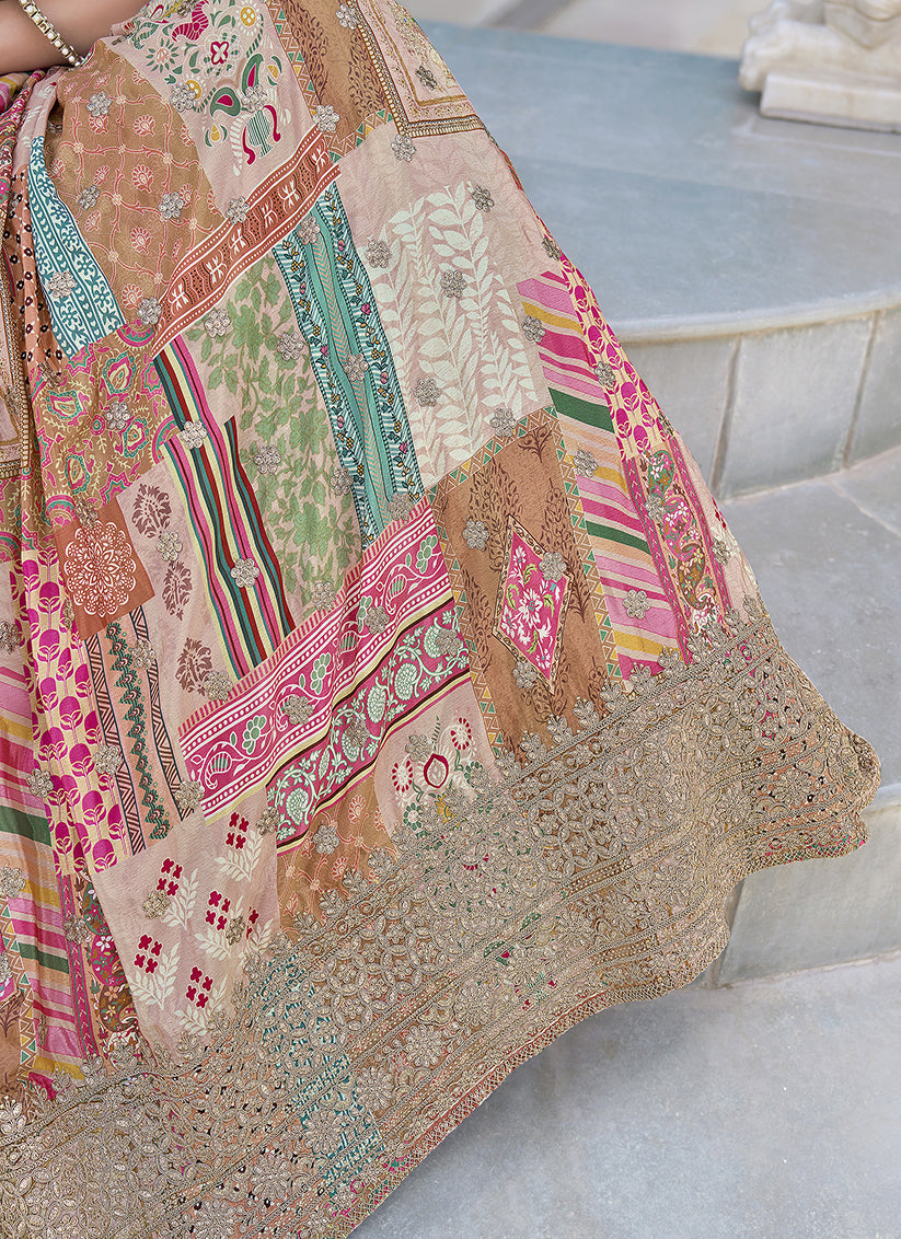 Beige Embroidered Chinnon Silk Lehenga Choli Set for Festival