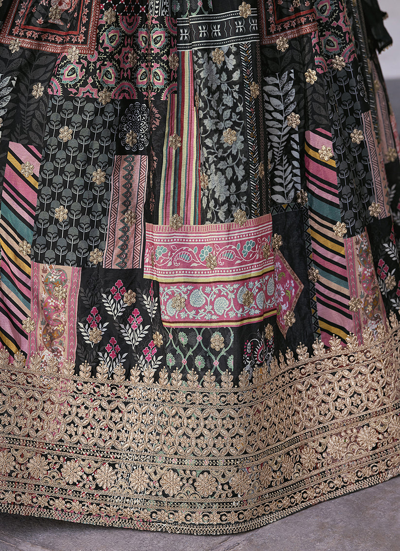 Black Embroidered Chinnon Silk Lehenga Choli Set for Festival