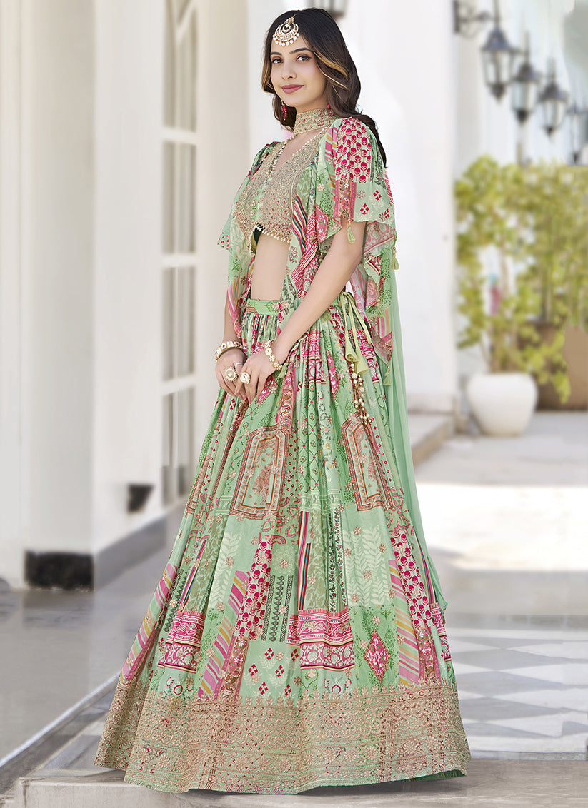 Pistachio Green Embroidered Chinnon Silk Lehenga Choli Set for Festival