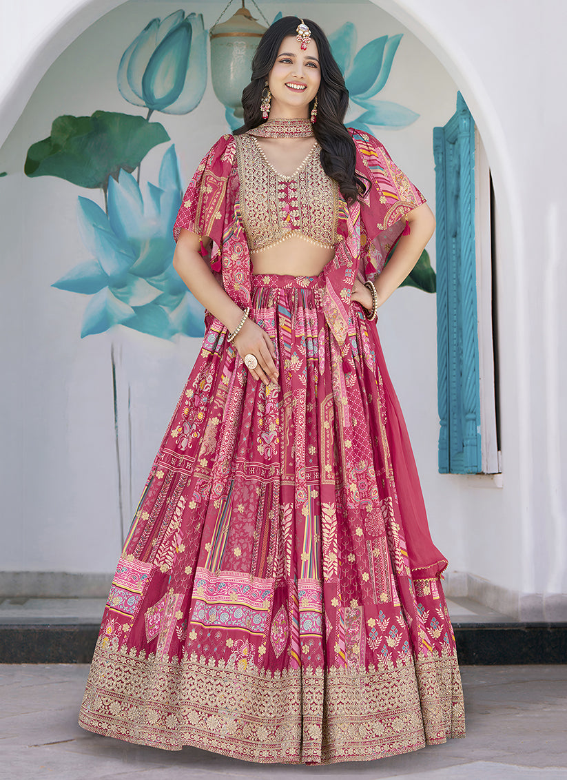 Rani Pink Embroidered Chinnon Silk Lehenga Choli Set for Festival