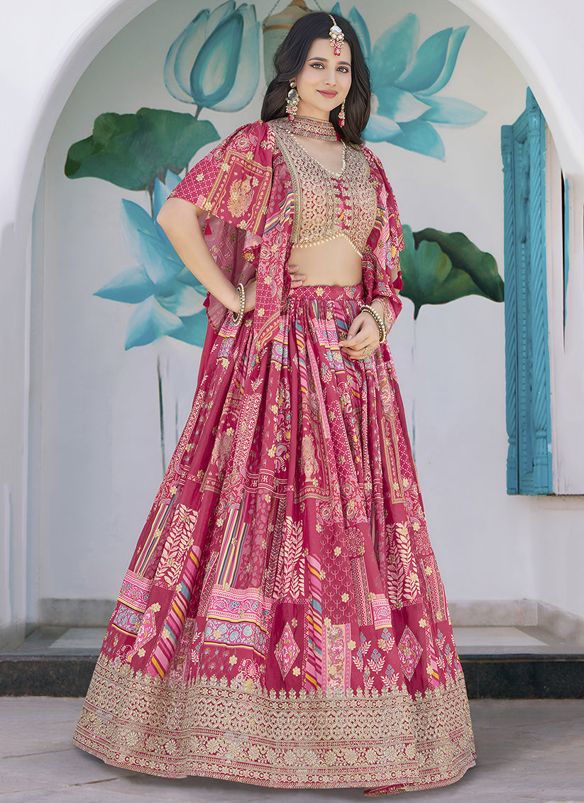 Rani Pink Embroidered Chinnon Silk Lehenga Choli Set for Festival
