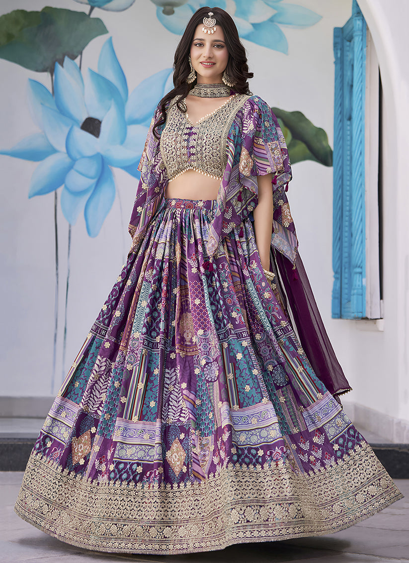 Purple Embroidered Chinnon Silk Lehenga Choli Set for Festival