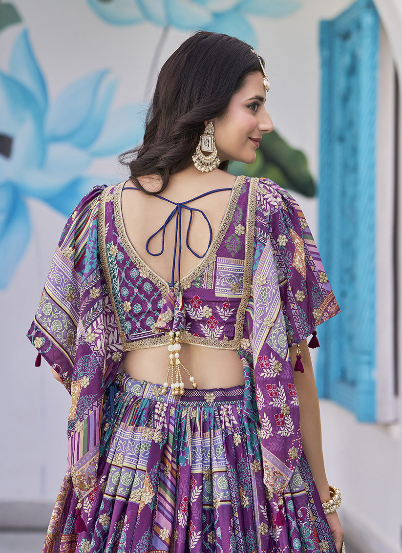 Purple Embroidered Chinnon Silk Lehenga Choli Set for Festival