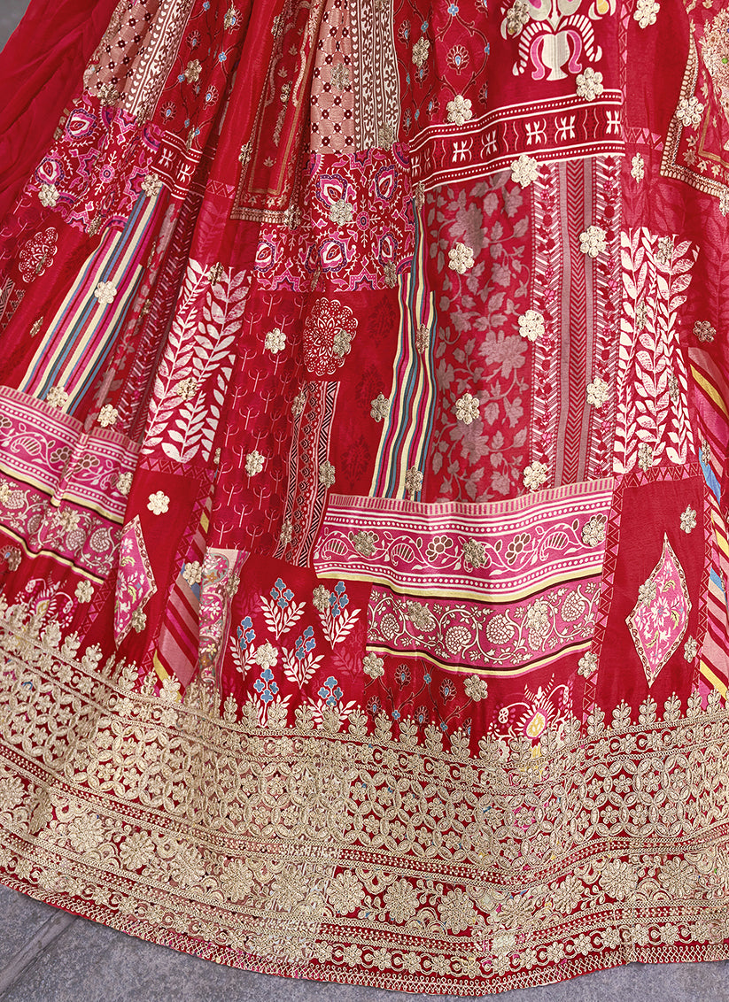 Red Embroidered Chinnon Silk Lehenga Choli Set for Festival