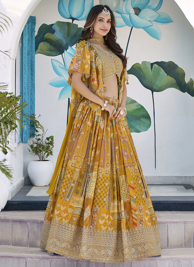 Mustard Yellow Embroidered Chinnon Silk Lehenga Choli Set for Festival
