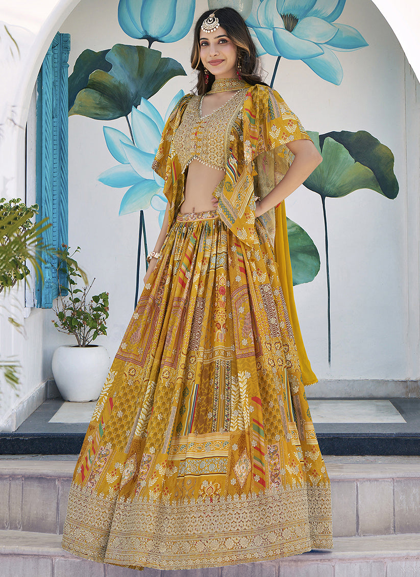 Mustard Yellow Embroidered Chinnon Silk Lehenga Choli Set for Festival