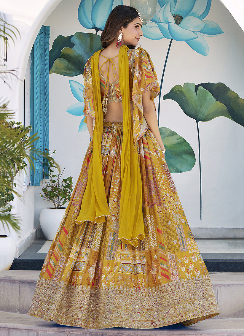 Mustard Yellow Embroidered Chinnon Silk Lehenga Choli Set for Festival