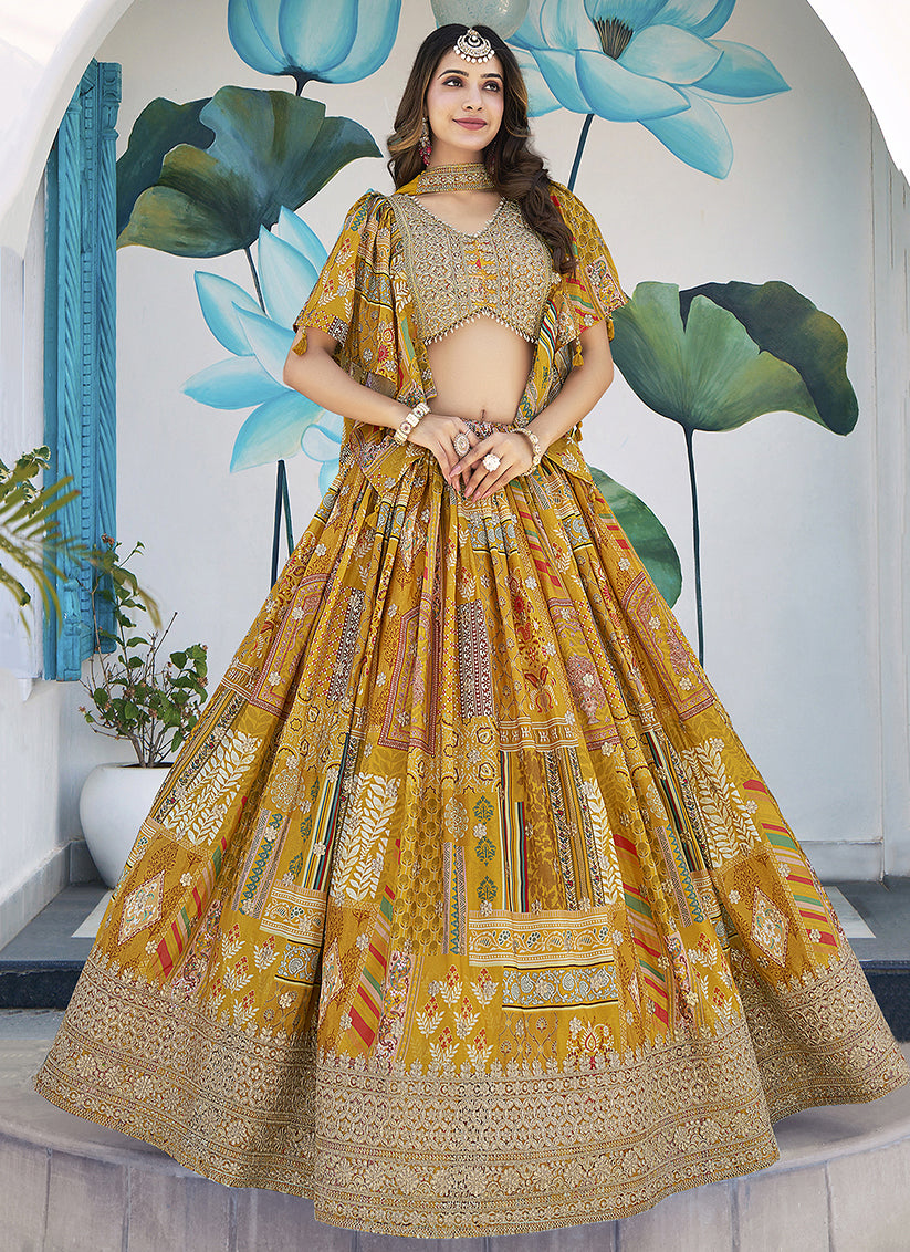 Mustard Yellow Embroidered Chinnon Silk Lehenga Choli Set for Festival