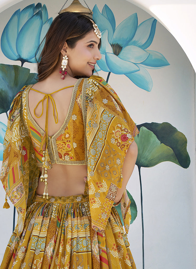 Mustard Yellow Embroidered Chinnon Silk Lehenga Choli Set for Festival