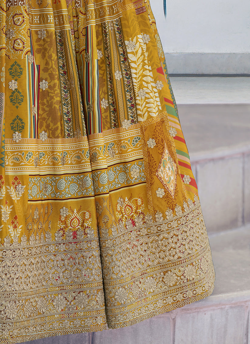 Mustard Yellow Embroidered Chinnon Silk Lehenga Choli Set for Festival