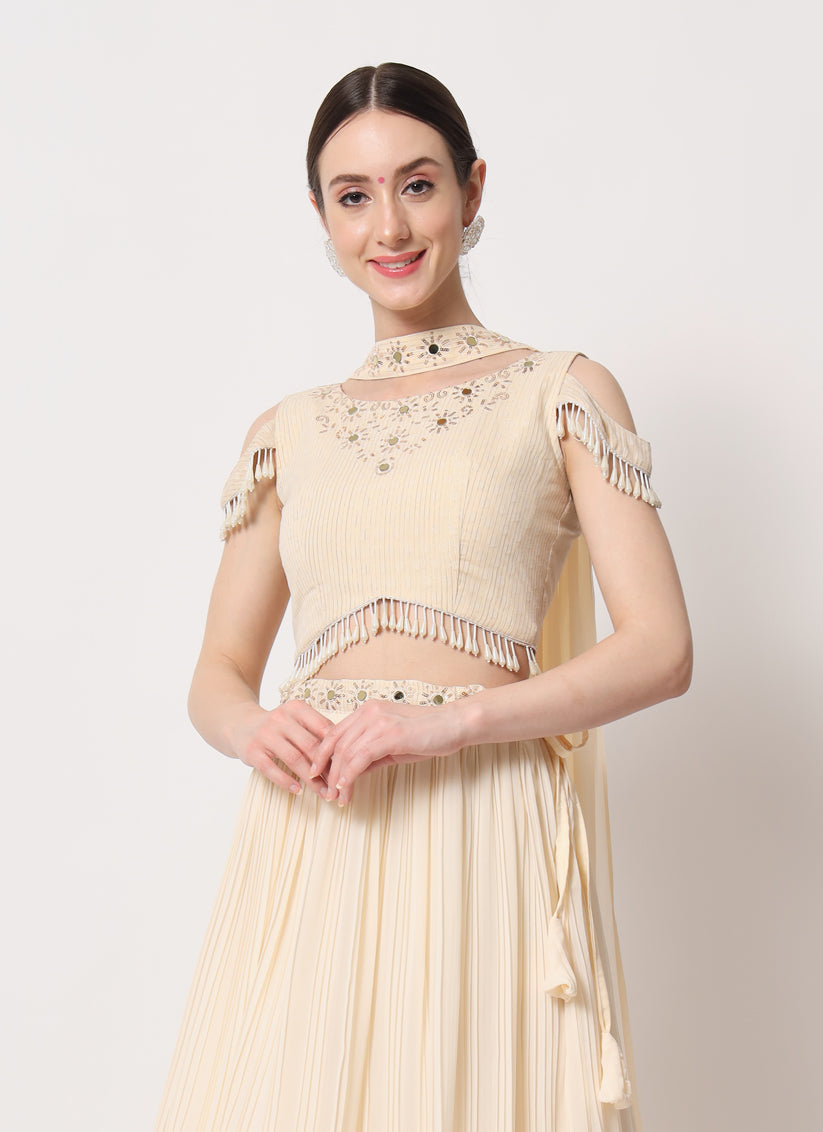 Beige Georgette Crushed Lehenga Choli