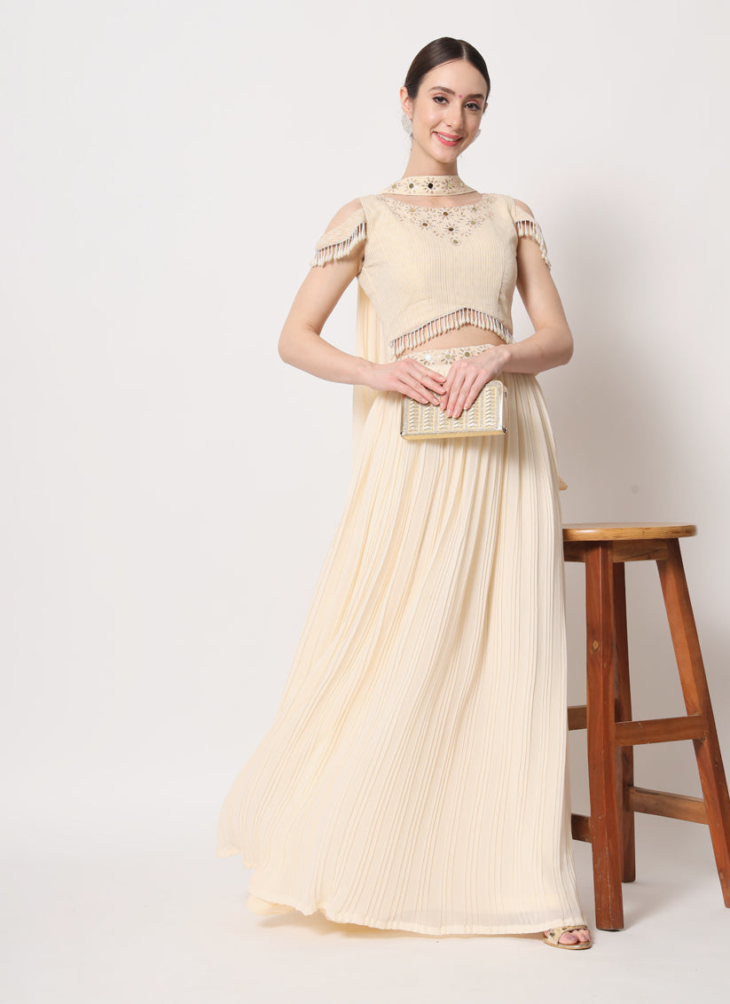 Beige Georgette Crushed Lehenga Choli