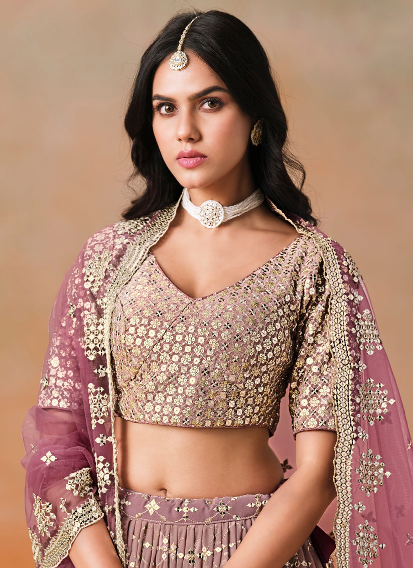 Ombre Maroon Georgette Sequins Embroidered Lehenga Choli