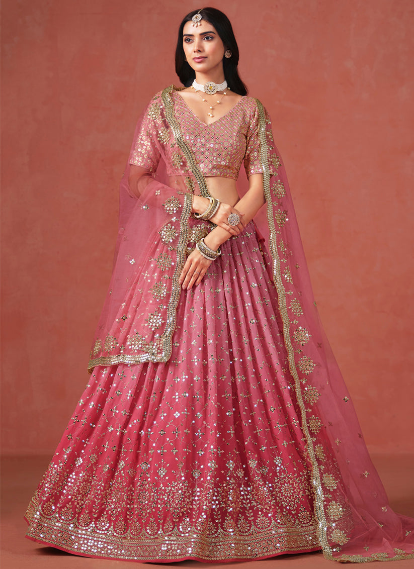 Ombre Pink Georgette Sequins Embroidered Lehenga Choli