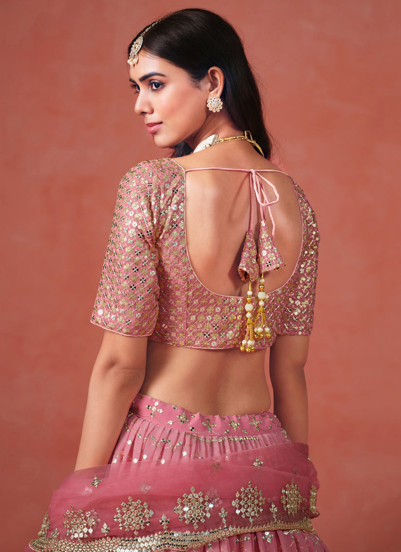 Ombre Pink Georgette Sequins Embroidered Lehenga Choli