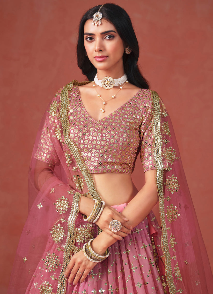 Ombre Pink Georgette Sequins Embroidered Lehenga Choli