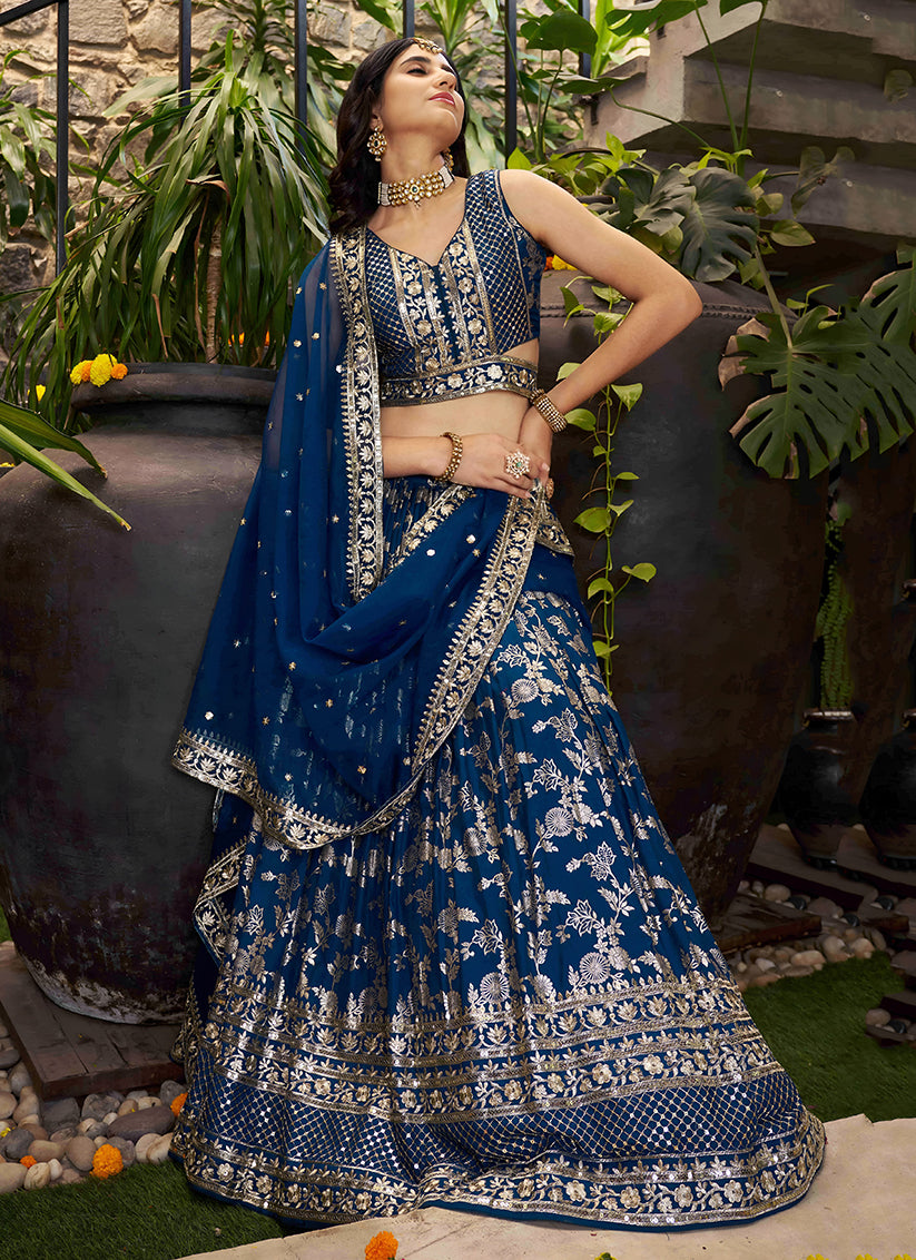 Peacock Blue Zari Dola Silk Jacquard Embroidered Wedding Lehenga Choli Set