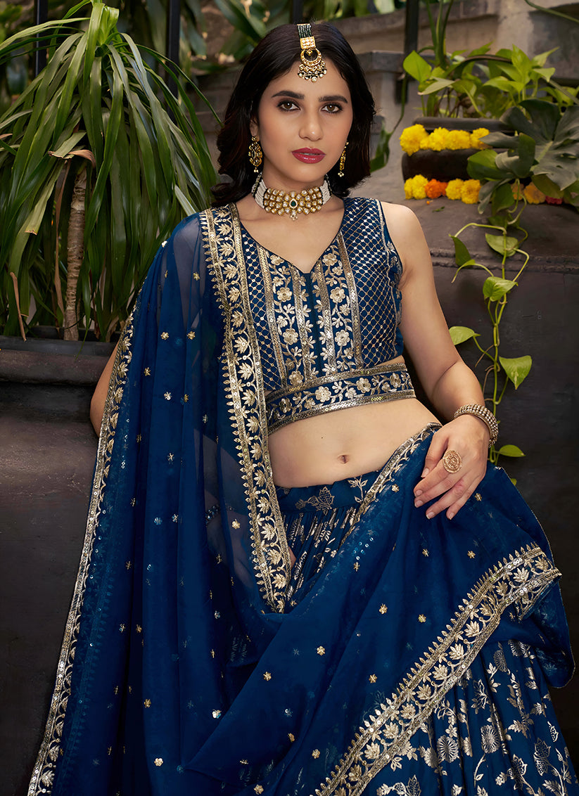 Peacock Blue Zari Dola Silk Jacquard Embroidered Wedding Lehenga Choli Set