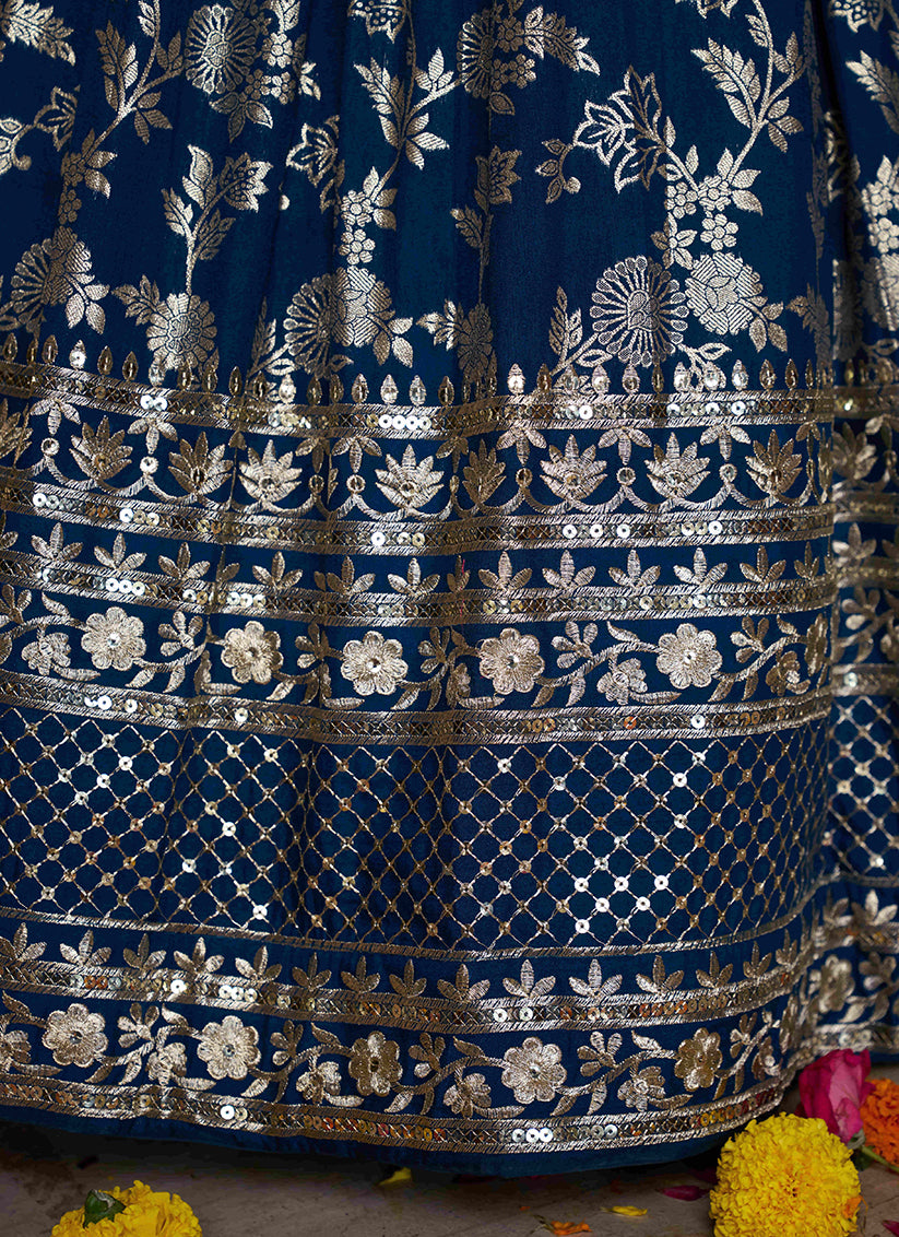 Peacock Blue Zari Dola Silk Jacquard Embroidered Wedding Lehenga Choli Set