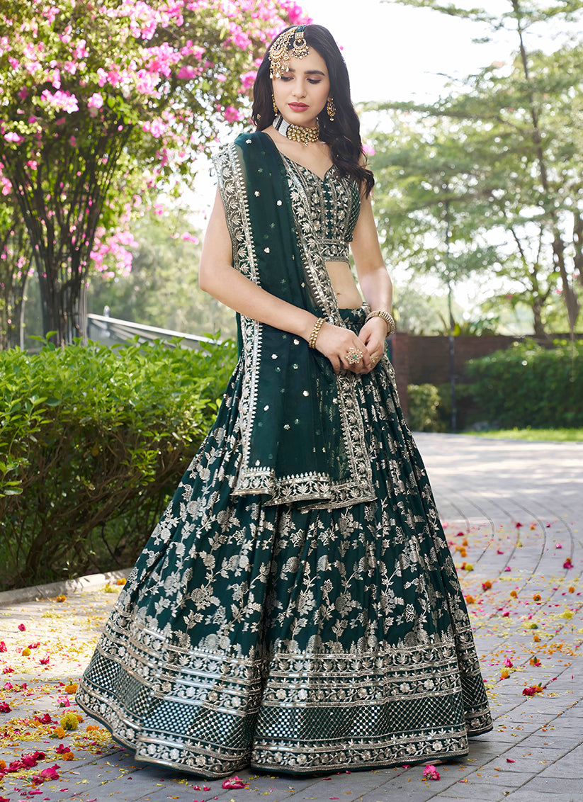 Pine Green Zari Dola Silk Jacquard Embroidered Wedding Lehenga Choli Set