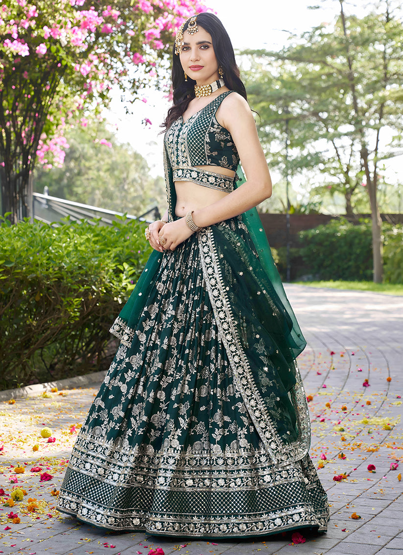 Pine Green Zari Dola Silk Jacquard Embroidered Wedding Lehenga Choli Set
