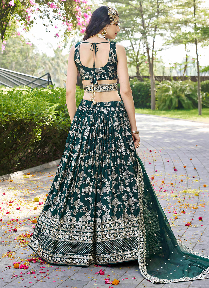 Pine Green Zari Dola Silk Jacquard Embroidered Wedding Lehenga Choli Set