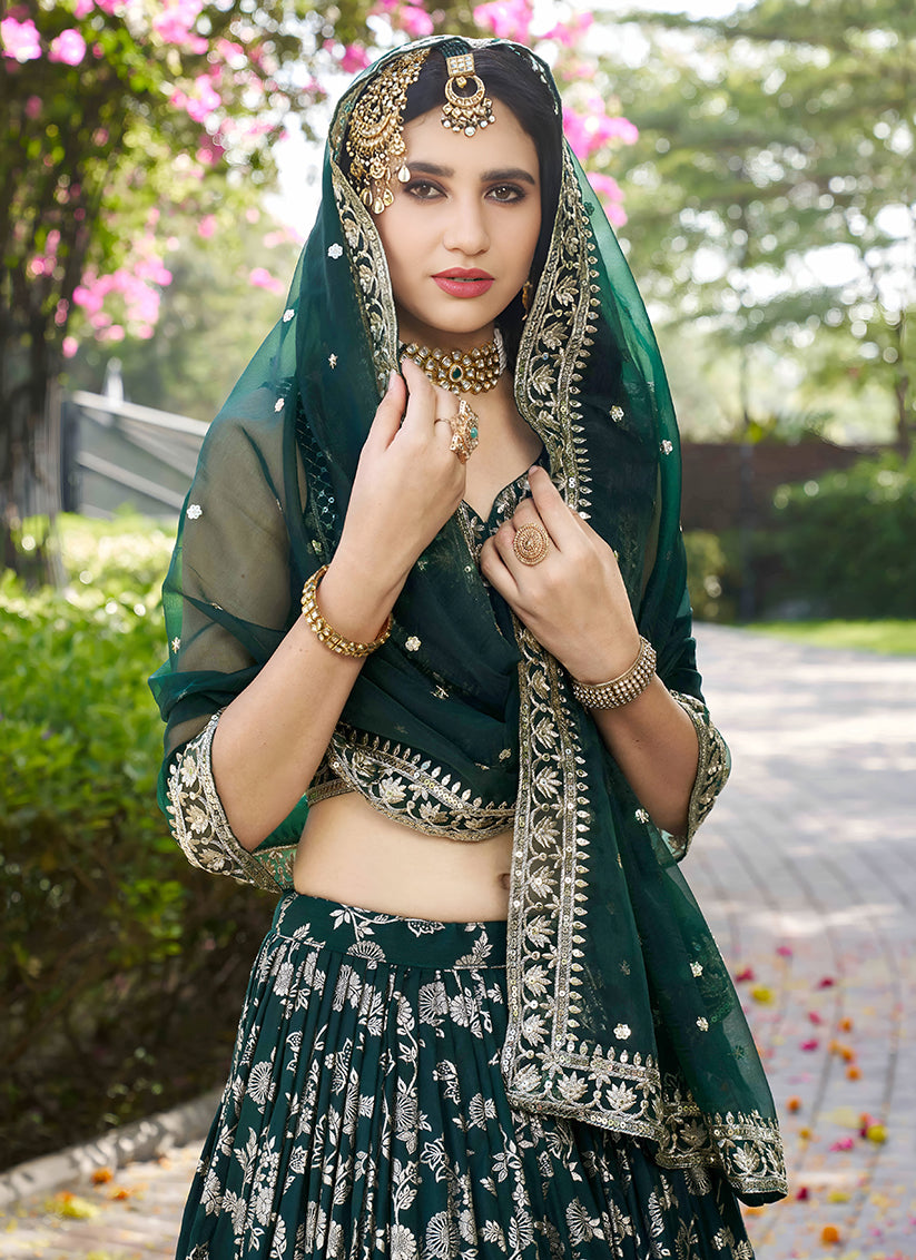 Pine Green Zari Dola Silk Jacquard Embroidered Wedding Lehenga Choli Set