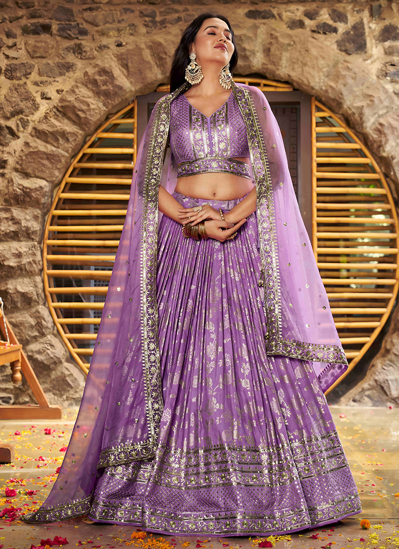 Lavender Zari Dola Silk Jacquard Embroidered Wedding Lehenga Choli Set