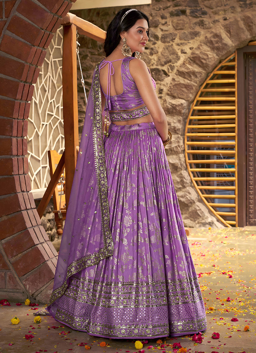 Lavender Zari Dola Silk Jacquard Embroidered Wedding Lehenga Choli Set