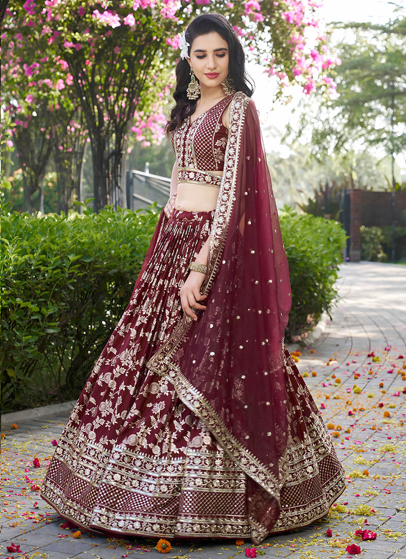 Maroon Zari Dola Silk Jacquard Embroidered Wedding Lehenga Choli Set