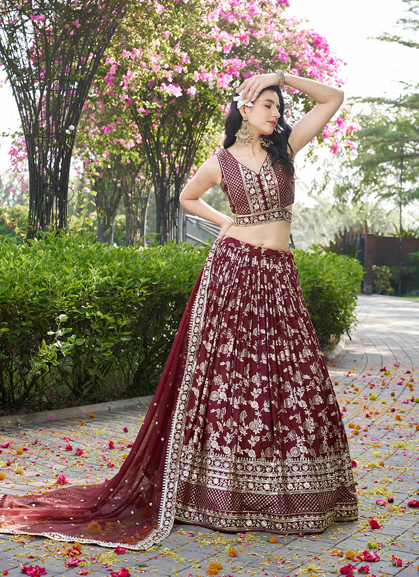Maroon Zari Dola Silk Jacquard Embroidered Wedding Lehenga Choli Set