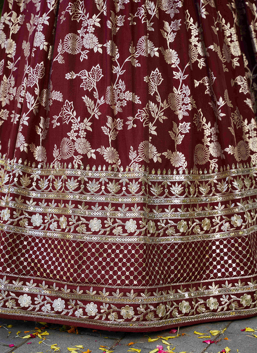Maroon Zari Dola Silk Jacquard Embroidered Wedding Lehenga Choli Set