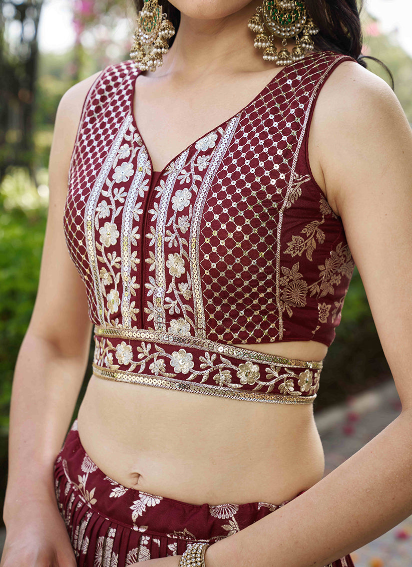 Maroon Zari Dola Silk Jacquard Embroidered Wedding Lehenga Choli Set