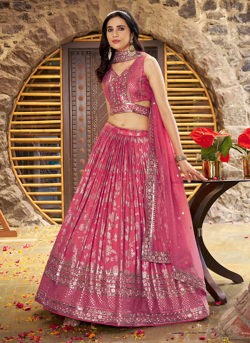 Salmon Pink Zari Dola Silk Jacquard Embroidered Wedding Lehenga Choli Set