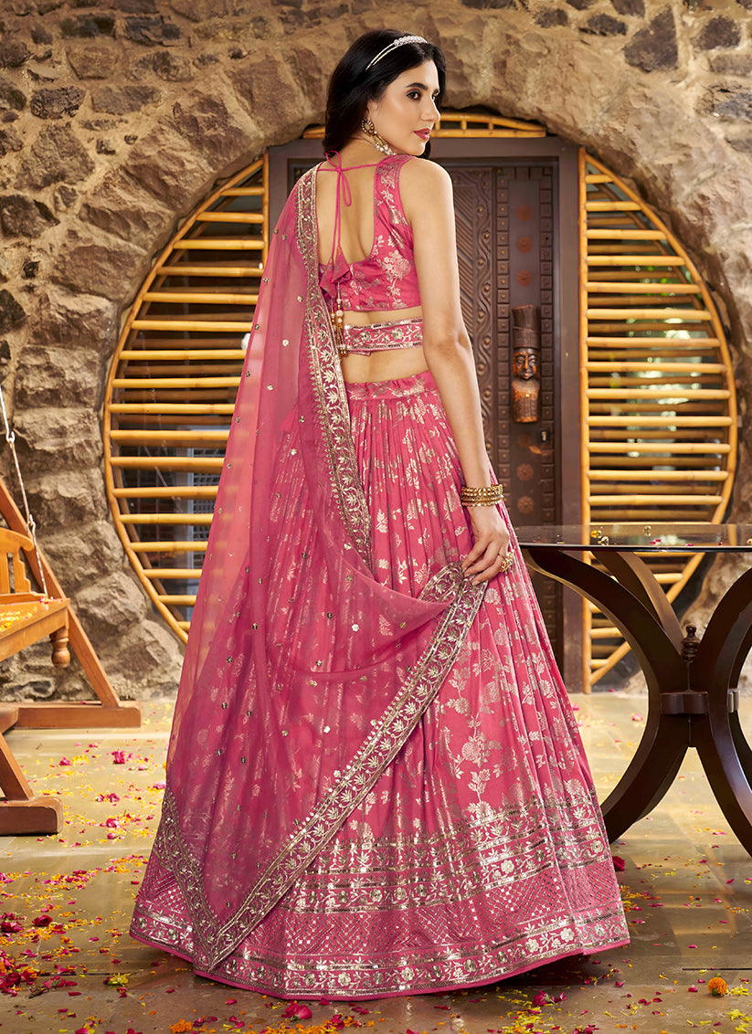 Salmon Pink Zari Dola Silk Jacquard Embroidered Wedding Lehenga Choli Set