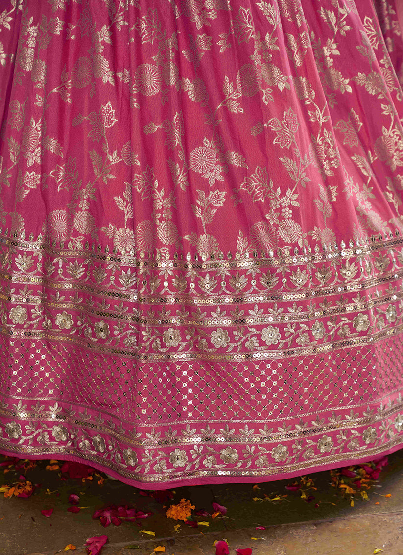 Salmon Pink Zari Dola Silk Jacquard Embroidered Wedding Lehenga Choli Set