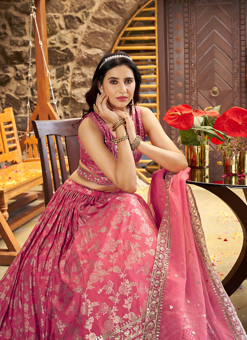Salmon Pink Zari Dola Silk Jacquard Embroidered Wedding Lehenga Choli Set