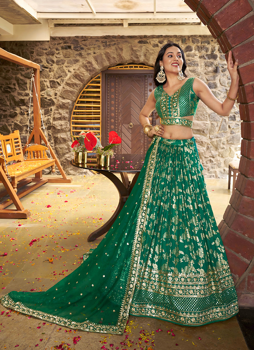 Rama Green Zari Dola Silk Jacquard Embroidered Wedding Lehenga Choli Set
