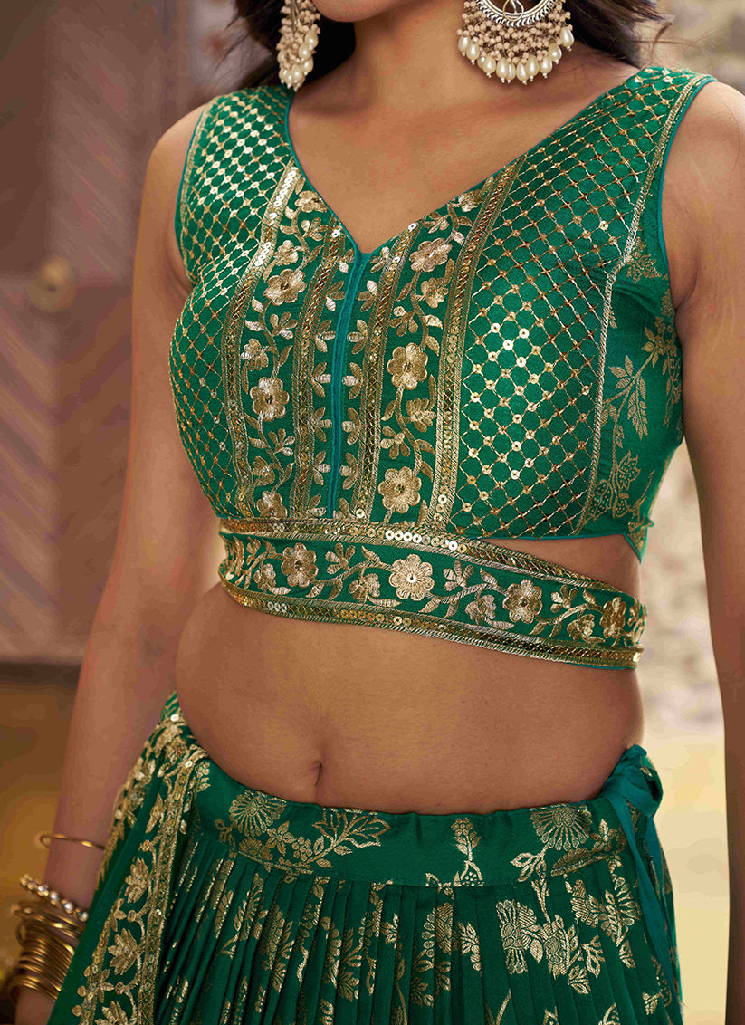 Rama Green Zari Dola Silk Jacquard Embroidered Wedding Lehenga Choli Set