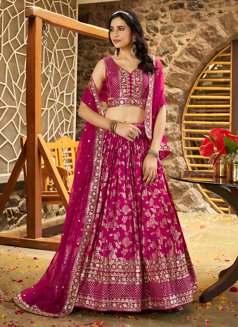 Rani Pink Zari Dola Silk Jacquard Embroidered Wedding Lehenga Choli Set