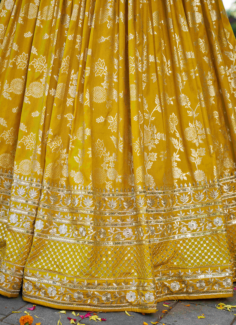 Maize Yellow Zari Dola Silk Jacquard Embroidered Wedding Lehenga Choli Set