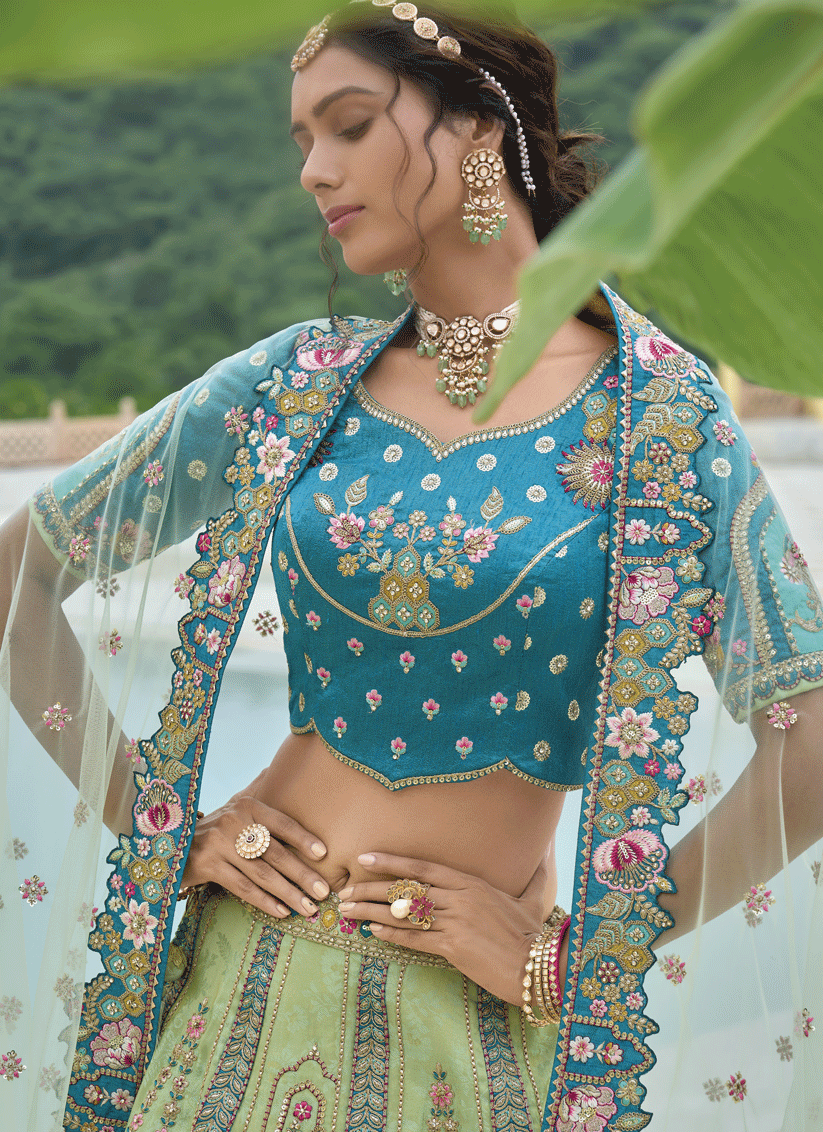 Mint Green Heavy Embroidered Silk Designer Lehenga Choli