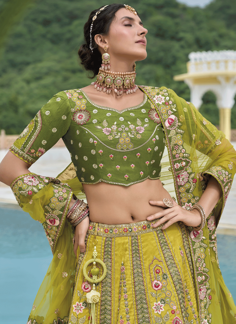 Lime Yellow Heavy Embroidered Silk Designer Lehenga Choli