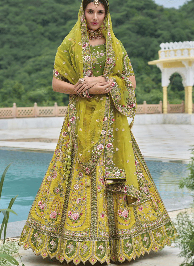 Lime Yellow Heavy Embroidered Silk Designer Lehenga Choli