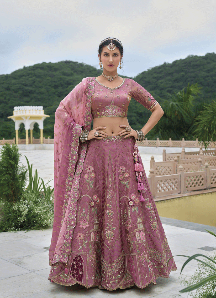 Dusty Pink Heavy Embroidered Silk Designer Lehenga Choli
