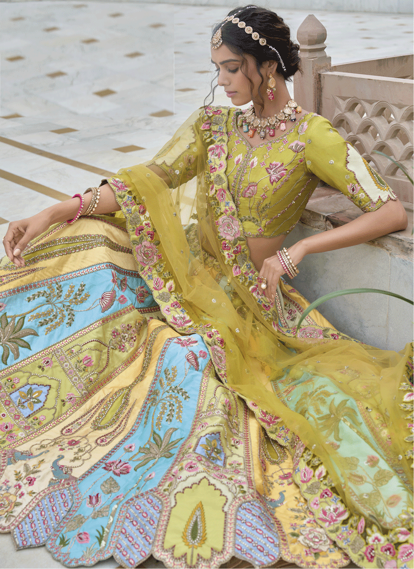 Multicolor Heavy Embroidered Silk Designer Lehenga Choli