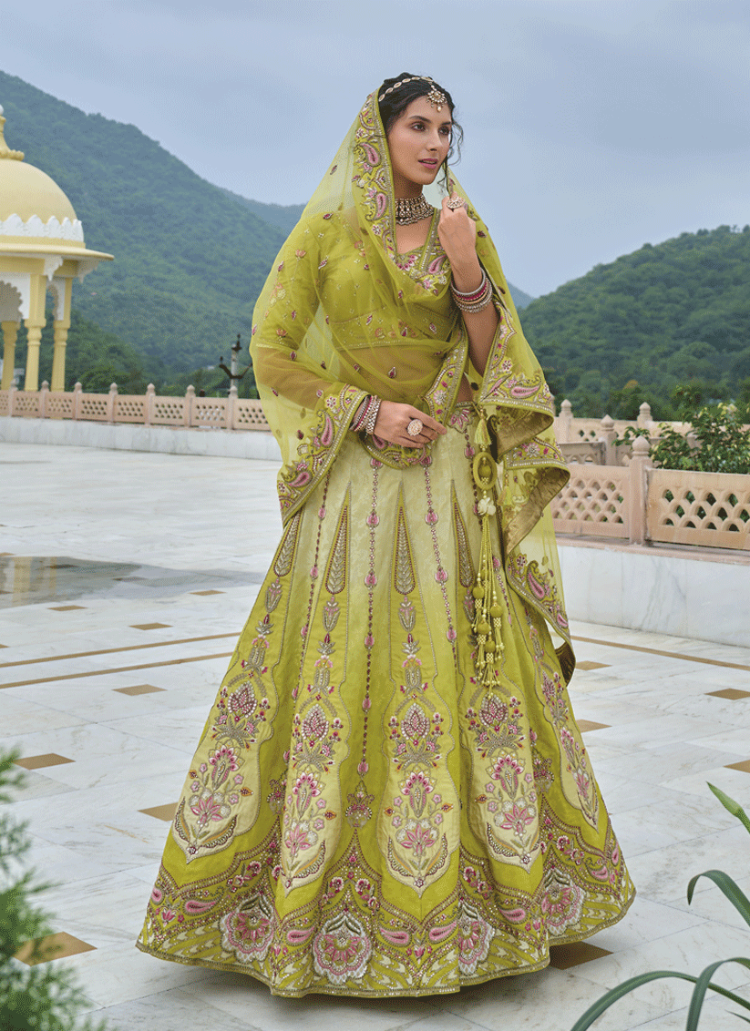 Ombre Green Heavy Embroidered Silk Designer Lehenga Choli