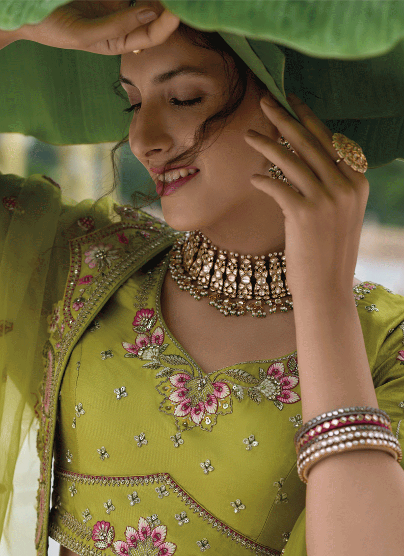 Ombre Green Heavy Embroidered Silk Designer Lehenga Choli